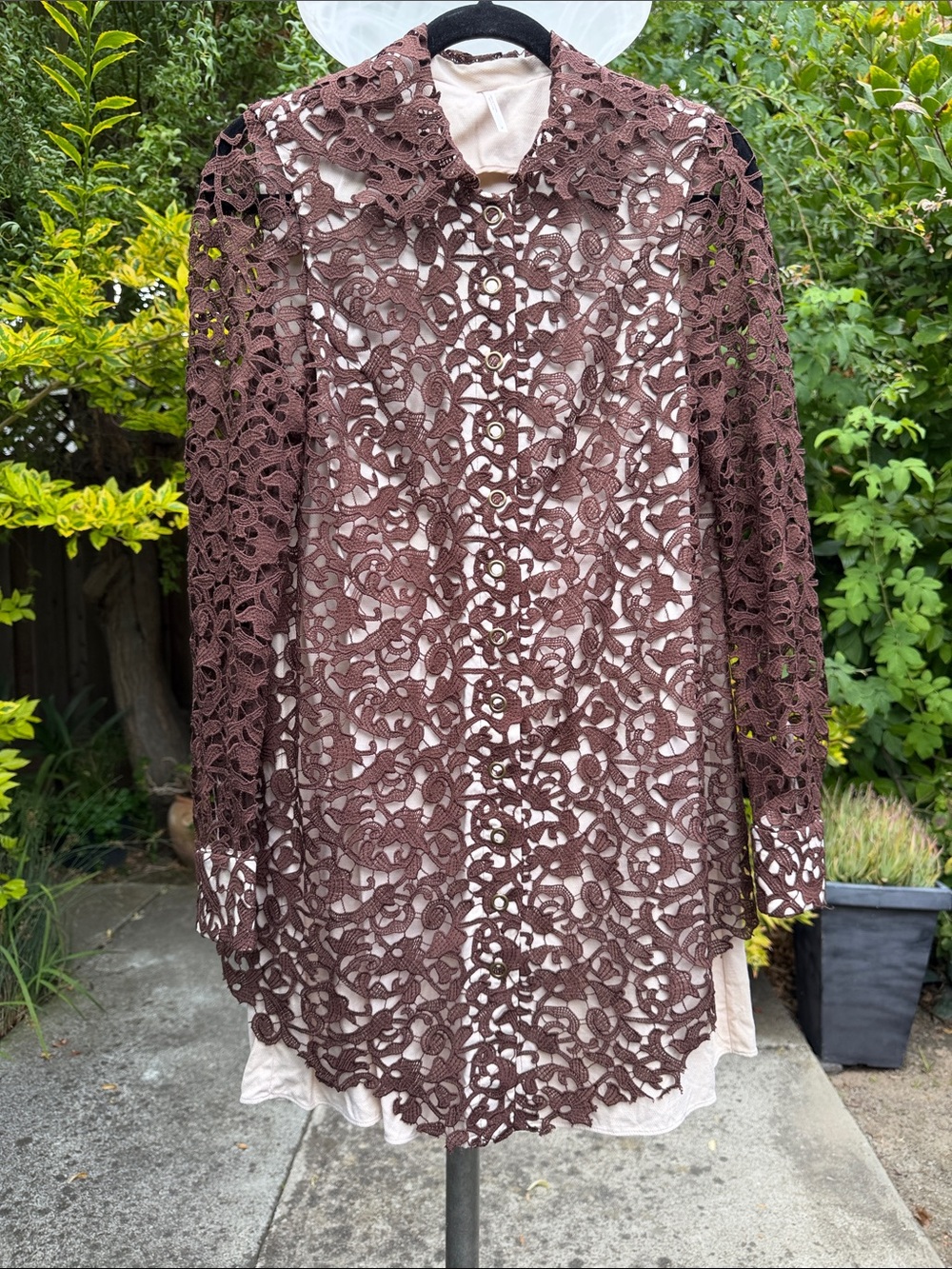 Free People Chocolate Brown Crochet Lace Long-Sleeve Shirt Dress with Cream Slip